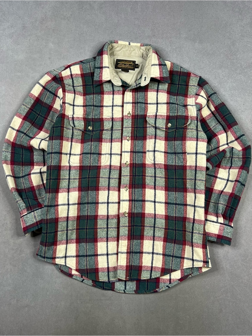 Wool Eddie Bauer Plaid Button-Down Shirt in Cream, Green & Burgundy Vintage